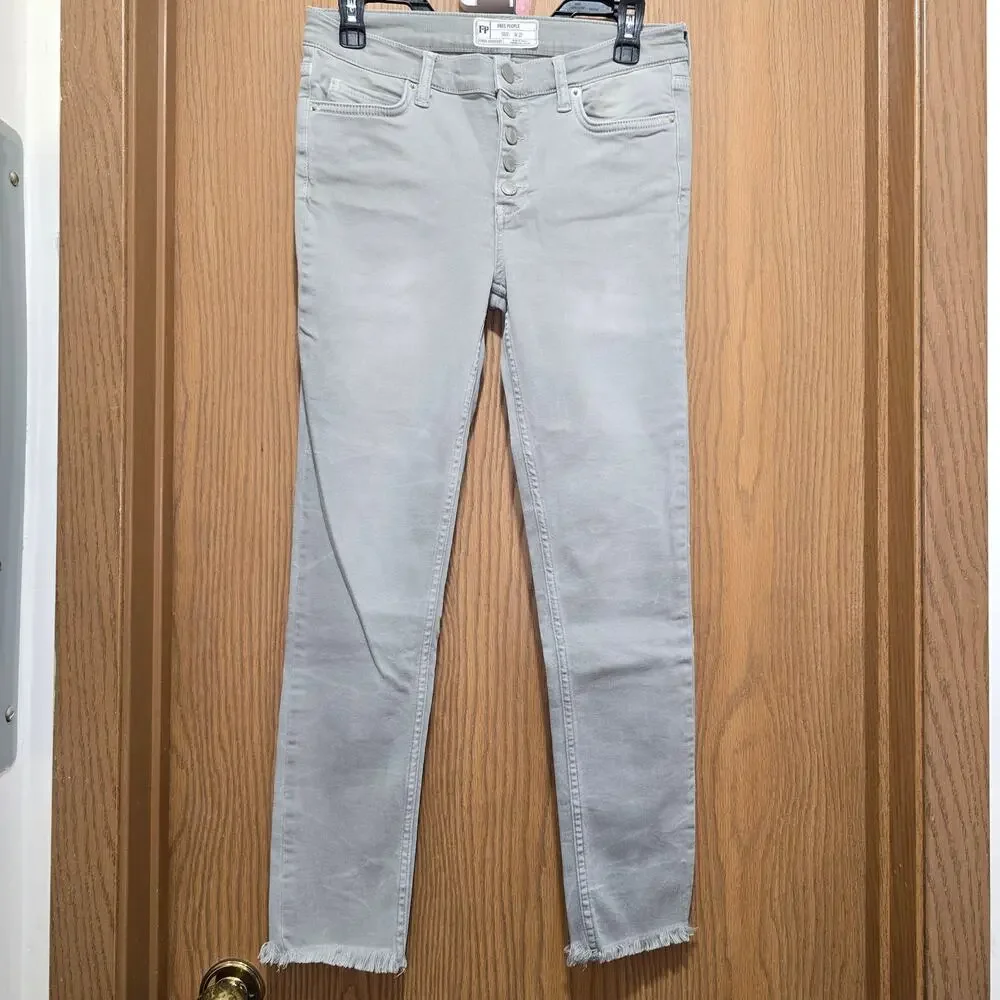 Free People We The Free High Rise Button Fly Skinny Jeans Gray 27 Raw Hem